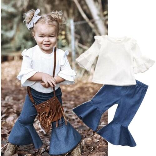 Newborn Baby Girls Outfits Sets White Flare Sleeve Top T-shirt+Flared Trousers Pants Fashion Autumn Girl Clothing Set