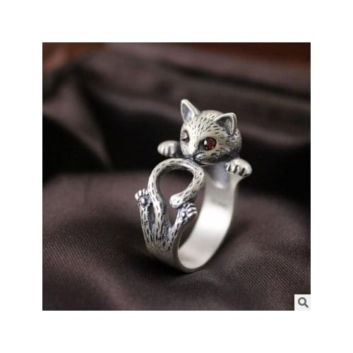 Fashion Retro Jewelry Thia Silver Cute Cat 925 Sterling Silver Adjustable Size Unique Vintage Rings for Women Gift Wholesale