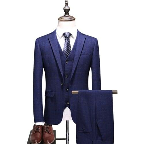 Latest Coat Pant Designs Classic Plaid Suit Men Royal Blue Wedding Suits For Men Formal Tuxedos Party Business Men Suit 3 Pcs