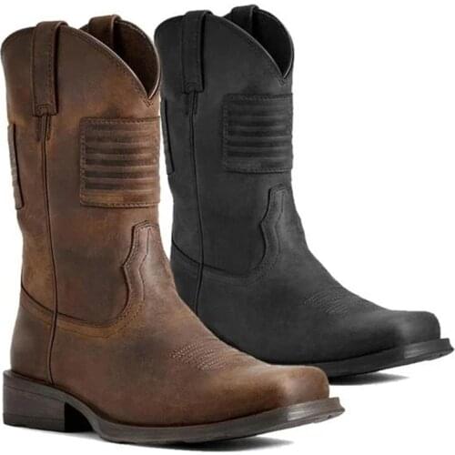 New Boots Flag-Shoes Heel Chelsea Western Vintage Mens New Thick Toe Square Distressed Mid-Tube