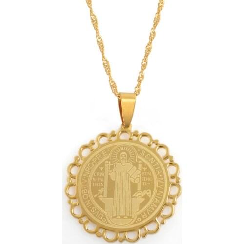 Anniyo St. Barbe Catholic Patron Saint St. Benedict Holy Medal Gold Color Pendant Necklaces for Women,Benedictine badge #015521