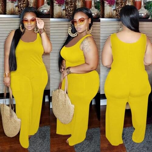 Sexy loose round Neck Sleeveless Wide Leg Pants One-Piece women pants plus size red orange black pink European and American