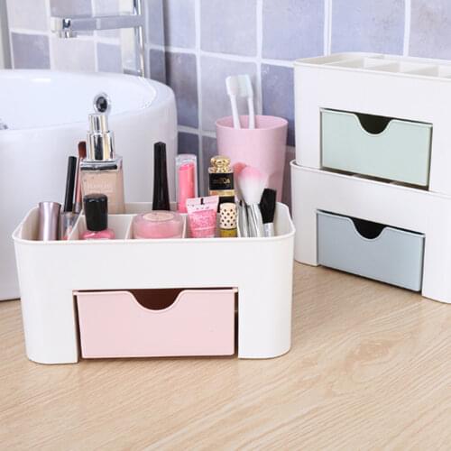 Plastic Makeup Organizer Brush Storage Box with Drawer Desktop Cotton Swabs Stick Storage Case Organizer three colors optional