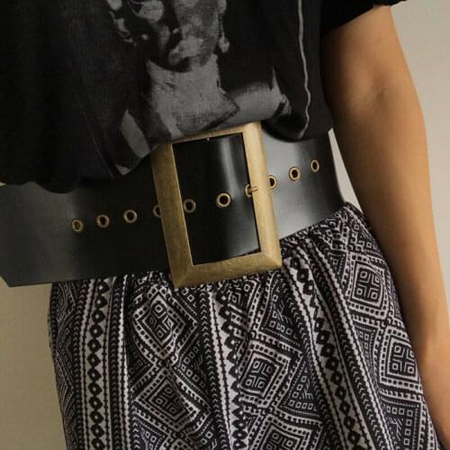 Women Fashion Black Wide Width Belt Retro Vintage Leather Hip Waist Band Buckle