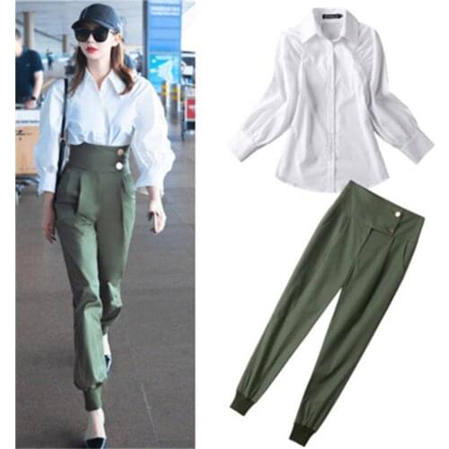 Summer casual Loose white shirt suit fashion army green high waist overalls casual pants womens Harem pants New fall