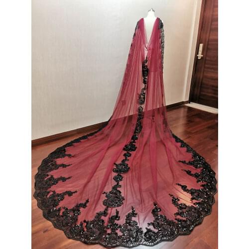 Dark Burgundy Tulle Black Lace Wedding Cape 3.5 Meters Long Bridal Bolero with Bling Sequins Lace Bolero Women Wedding Jackets