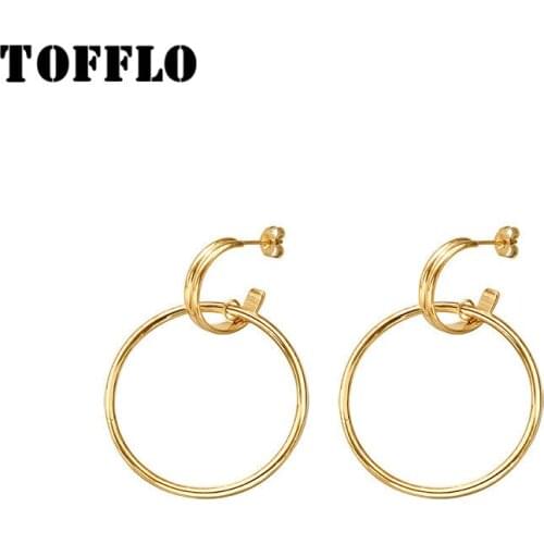TOFFLO Stainless Steel Jewelry Exaggerated Earrings Geometry Womens Double Rings Gold Earrings Christmas Drop Earrings BSF356