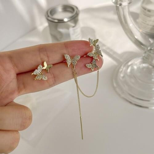 Spring butterfly earrings Korean temperament personality ear bone clip ear line one-piece simple asymmetrical tassel earrings