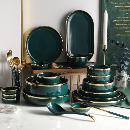 Green Ceramic Gold Inlay Plate Steak Food Plate Nordic Style Tableware Bowl Ins Dinner Dish High End Porcelain Dinnerware Set