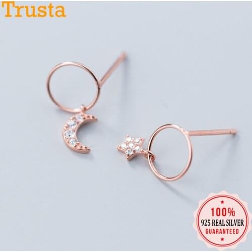 Trusta 100% 925 Solid Real Sterling Silver Asymmetric Hollow Round Star Moon Stud Earrings For Girl Women Silver Jewelry DS1257
