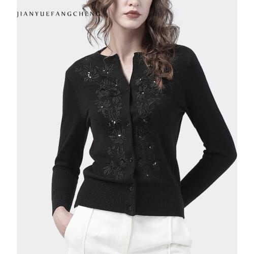 Vintage Embroidery Women' Long Sleeve Short Knitted Cardigans 2021 Autumn New Fashion Sequined Outwear Thin Sweater