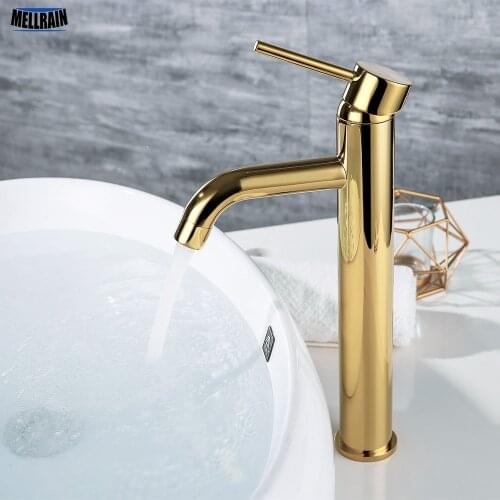 Golden Color Bathroom Sink Mixer Faucet Deck Mounted Gold Water Mixer Tapware Round Style 2 Height For Under & Top Counter
