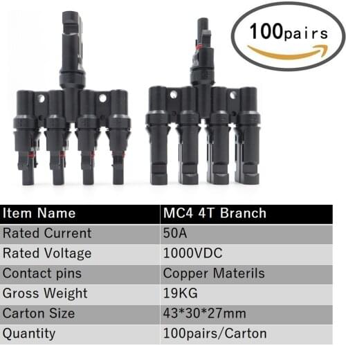 100 pairs / Carton PV 4T Connector One to Four Combiner T Branch Solar Panel 30A 1000V Waterproof Cable Connector Parallel
