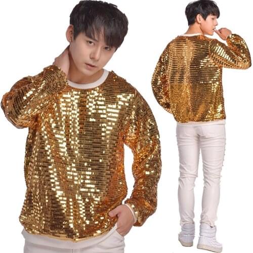 2019 Gold Costume NightClub Male Vocal Concert Costume Sequin Shirt Bar GoGo DS Dj Costume Stage Costumes For Singers BL2118