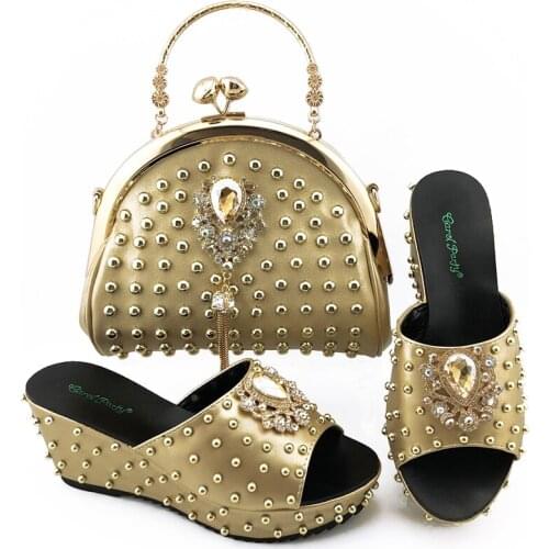 2020 New Italy Shoe And Bag!! African Gold Color shoe and bag set high heel italian design best selling ladies matching shoes