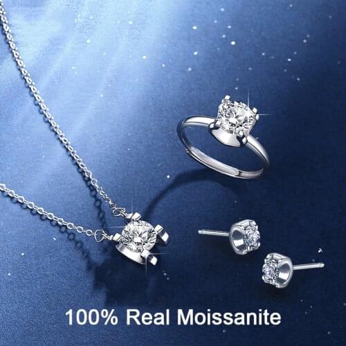 3pcs Set Sterling Silver Moissanite Stud Earrings Pendant Necklace Ring Women Wedding Party Birthday Gift Bridal Jewelry Sets