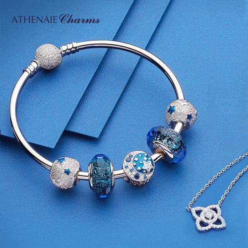 ATHENAIE Authentic 925 Sterling Silver Starry Sky Charms Bracelet Bangles with CZ Charm Beads for Women Christmas Day Gift