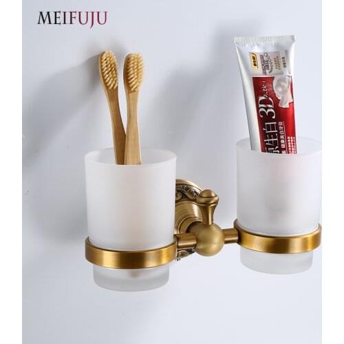 Bathroom Cup&Tumbler Holders Toothpaste Toothbrush Holder with Double Glass Cups Wall Mounted Bathroom Accessories Bath Hardware