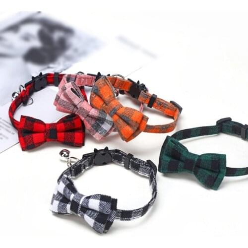 Plaid Grid Cat Collar With Bell Fashion Adjustable Pet Collar With Bow Tie Cat Head Supplies Cotton Striped Bowknot Necklace