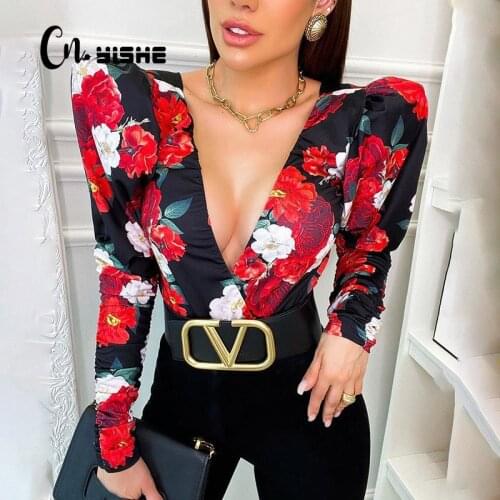 CNYISHE Print Deep V Neck Bodysuit Women Sexy Puff Sleeve Bodycon Jumpsuit Elastic Casual Party Spring Romper Body Tops Overalls