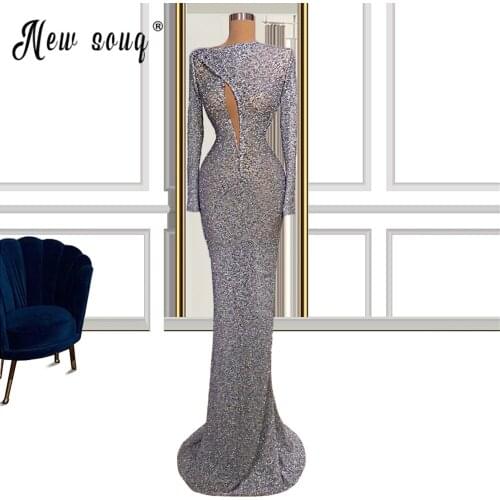 Muslim Sliver Sequins Mermaid Evening Dresses Sexy Long Prom Gowns 2021 Sparkly вечернее платье vestido de Festa Real Photos