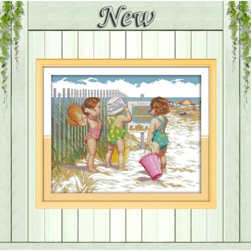 Babies play in the beach,pattern print on fabric DMC 14CT 11CT Cross Stitch kits,embroidery needlework Sets,girl Home Decoration