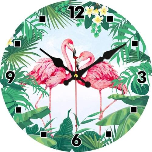 Pink Flamingo Wall Clock Spring Leaf Flowers Lake Silent Non Ticking Round Clocks, Flamingos Birds Ocean Floral Clocks 16 Inch