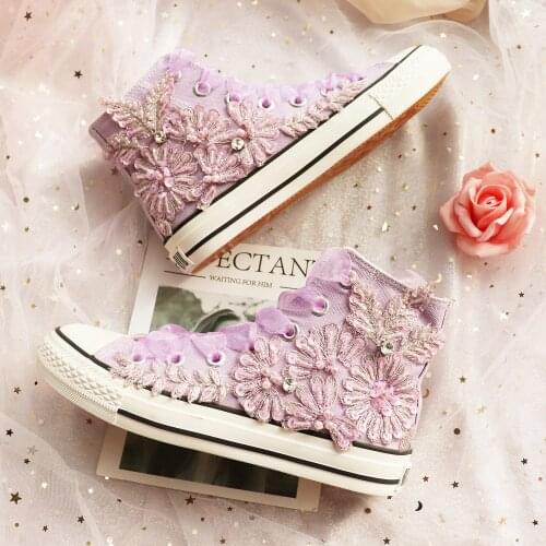New ins classic lavender high-top canvas shoes womens lace pearl princess single shoes sneakers