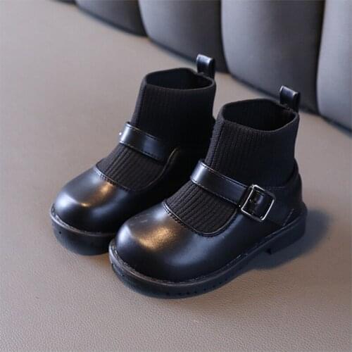 1-3 Years Autumn Girls Princess Shoes Leather Knit Stitching Boots Soft Sole Fashion Toddler Baby Shoes 21-25
