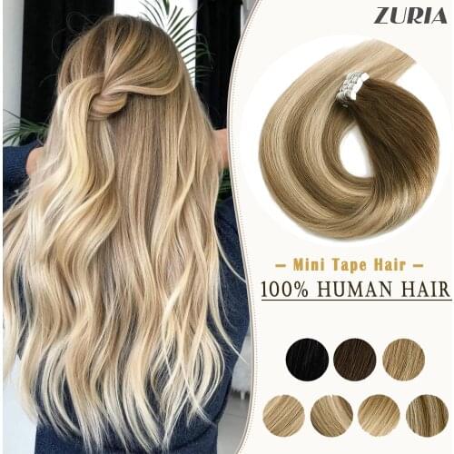 ZURIA Straight Hair Mini Tape In Human Hair Extensions Invisible Skin Weft Adhesive Non-Remy 12"14"16"20" 100% Real Hair