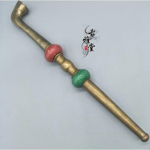 Rare Qing Dynasty copper&jade pipe,35.5(l)cm,free shipping