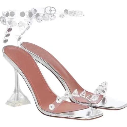 Sandals Women 2021Crystal Transparent High Heels Shoes Women Rivets Stiletto Strap Party Wedding Shoes sandalias de las mujeres