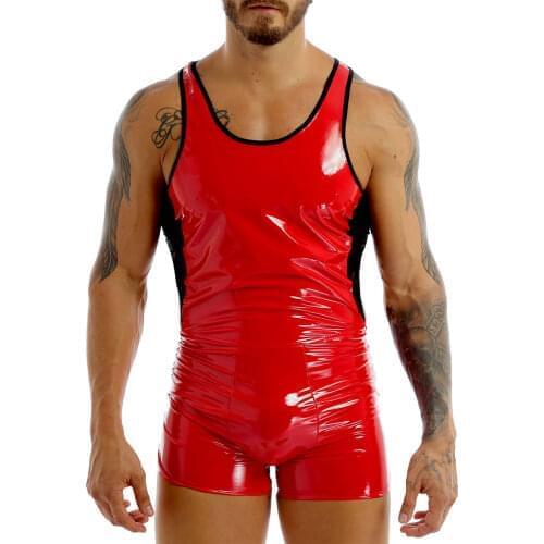 Mens One-piece Wet Look Patent Leather Leotard Color Block Sleeveless and Backless Skin-Tight Short Bodysuit Jumpsuit Clubwear