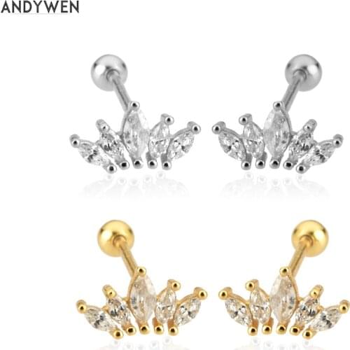 ANDYWEN 925 Sterling Silver Gold Clear Ovals Queen Stud Earrng Piercing Clips Rock Punk Wedding Jewelry Luxury Gift
