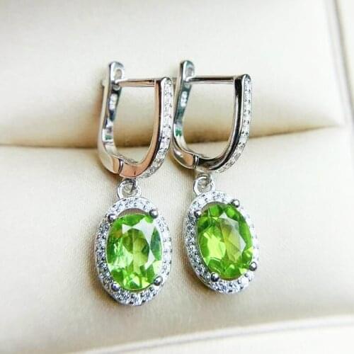 Natural real green peridot hoop earring Per jewelry 6*8mm 1.4ct*2pcs gemstone 925 sterling silver Fine jewelry T214212