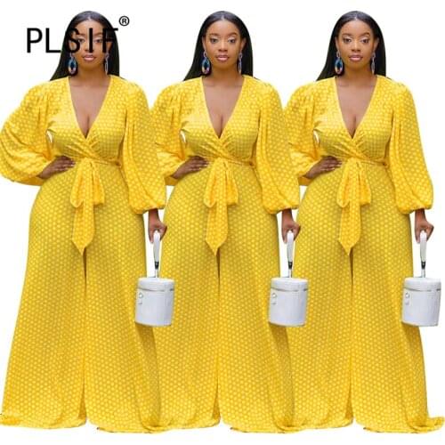Yellow V Neck Jumpsuit Beach Wide Leg Pant Bodycon Playsuits Casual Rompers One Piece Overalls