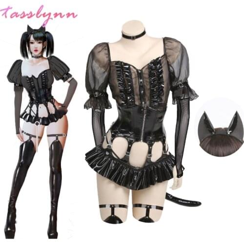 Women Sexy Cute Cat Cosplay Uniform with Headdress Halloween Costumes for Women Sweet Cat Dress
