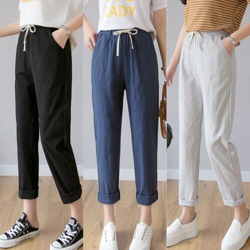 2021 Women Casual Harajuku Long Ankle Length Trousers Summer Autumn Large Solid Elastic Waist Cotton Linen Pants Black Pants