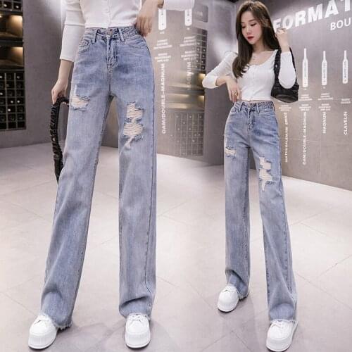 Women Ripped Jeans Spring Summer Thin Loose Casual All-Match Streetwear Wide-leg High Waist Straight-Leg Denim Trousers