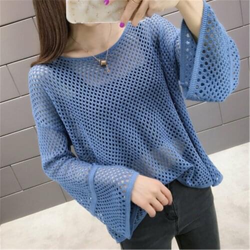 Women Summer Hollow Out Pullover Tops Female Knitted Mesh Jumpers Fashion Loose O-Neck Femme Tops Ladies Knitted Jumpers Female
