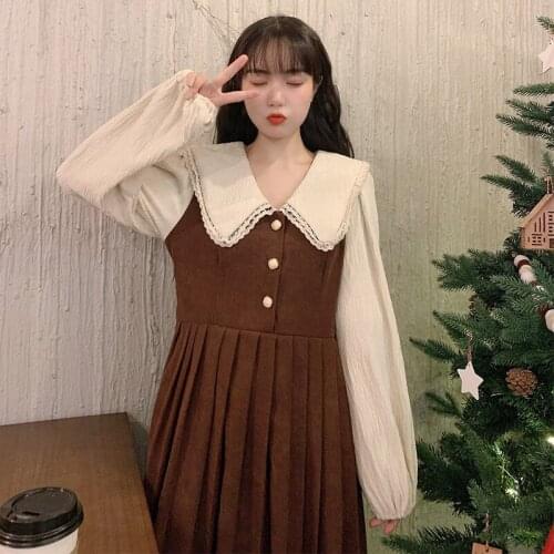 French Style Waist-Tight Slimming Thickened Temperament Mid-Length Pleated Dress for Women kawaii clothing sweet Lolita dress