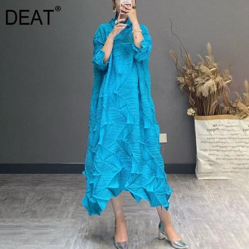DEAT Pleated Dress Women Solid Casual Stand Collar Half Sleeve Mid-calf Length Elegant Dresses 2021 New Summer Fashion TX379