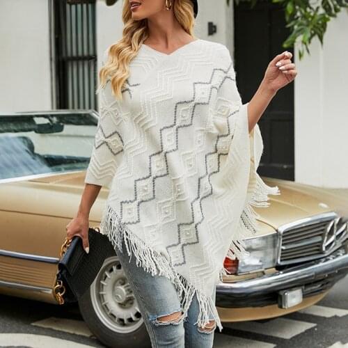 2021 Autumn Winter Women Sweaters Poncho Knitting Capes Cloak Sweater V-Neck Irregular Hem Tassels Coat Striped Knitted Pullover