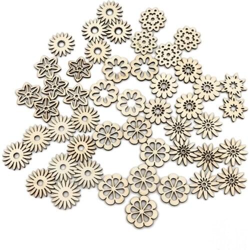 50pcs Flower Wood Cutouts Ornaments Cutout Wood Slices Crafts for DIY Crafting Ornament Decoration