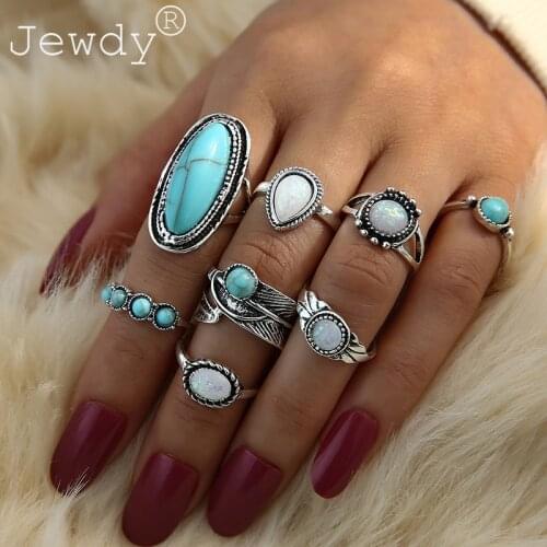 Bohemia Turquoise 8Pcs/Set Feather Rings 2021 Fashion Trend Exquisite Knuckle Ring For Woman Retro Vintage Jewelry Gift Party