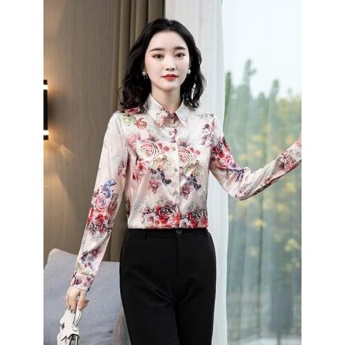 Satin silk shirt female design sense niche spring 2021 new printed temperament is thin mulberry silk top