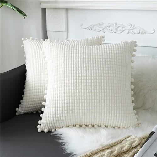 White 18x18 Inch Decorative Throw Pillowcase Soft Corduroy Corn Striped Pompom Square Pillowcase Bedroom Sofa Sofa Living Room