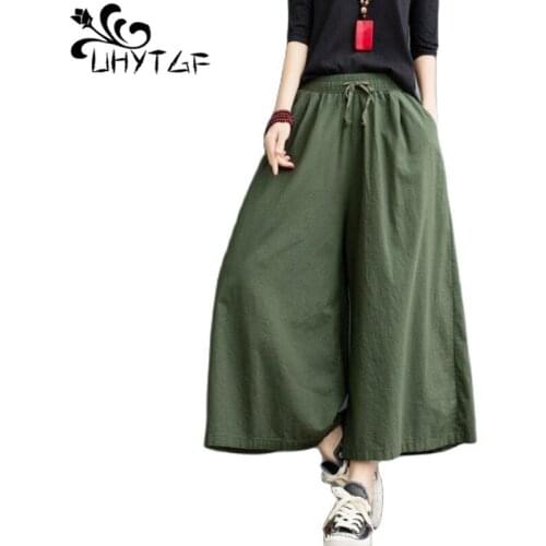 UHYTGF Cotton Linen Thin Plus Size Pants Women High Waist Wide Leg Summer Trouser Female Casual Ladie Sweatpants Pantalones 1491