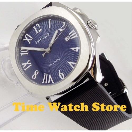 Parnis 40mm MIYOTA 5ATM Automatic wrist mens watch square case sapphire glass waterproof blue dial luminous rubber strap 1022