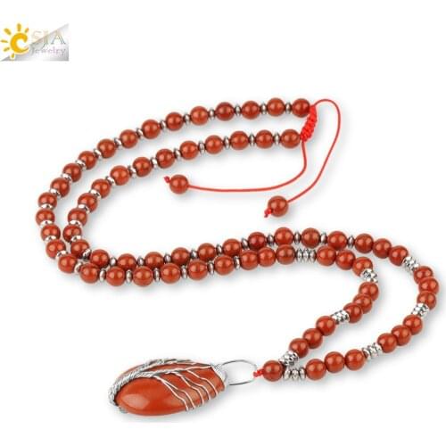 CSJA Natural Gem Stone Red Jaspers Necklaces Tree of Life Wire Wrapped Pendant 7 Chakra Beaded Long Necklace for Women Men S482